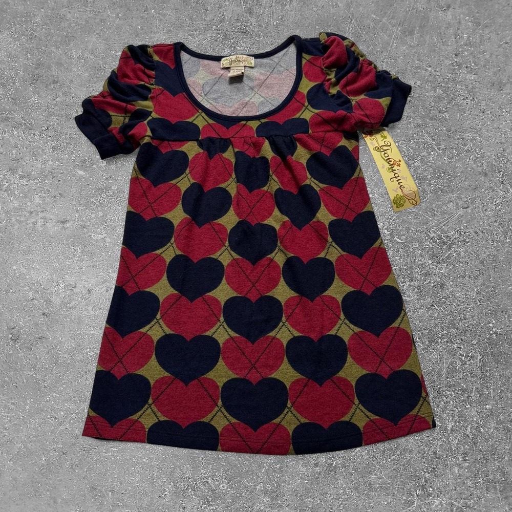 Younique Y2K Heart Pattern Babydoll Top Ruffle Sleeve Red Navy Olive Small NWT